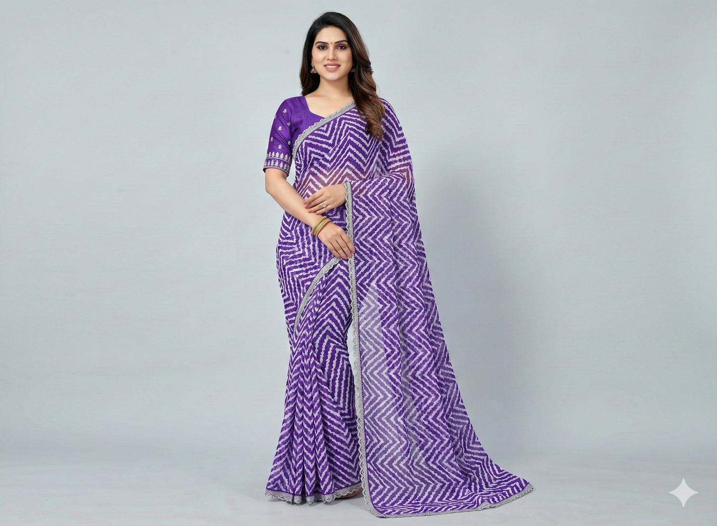 HerLuxe Chevron Print Chiffon Saree with Designer Lace Border