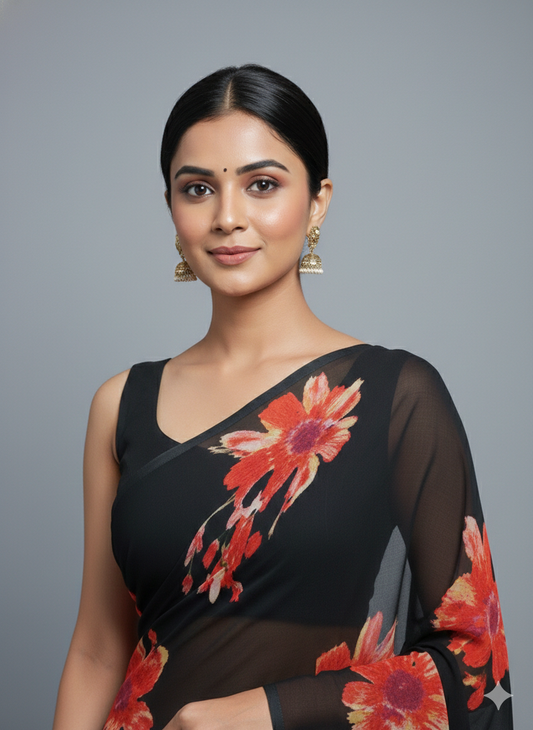 Floral Printed Crunchy Chiffon Saree with Matching Blouse Piece