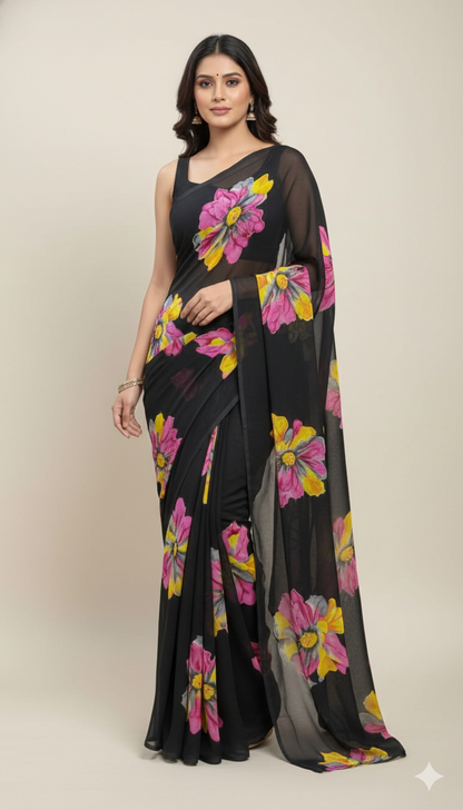 Floral Printed Crunchy Chiffon Saree with Matching Blouse Piece