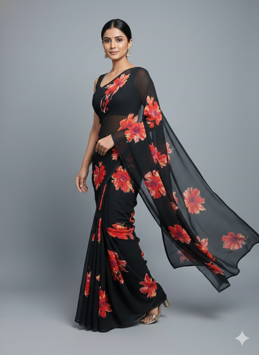 Floral Printed Crunchy Chiffon Saree with Matching Blouse Piece