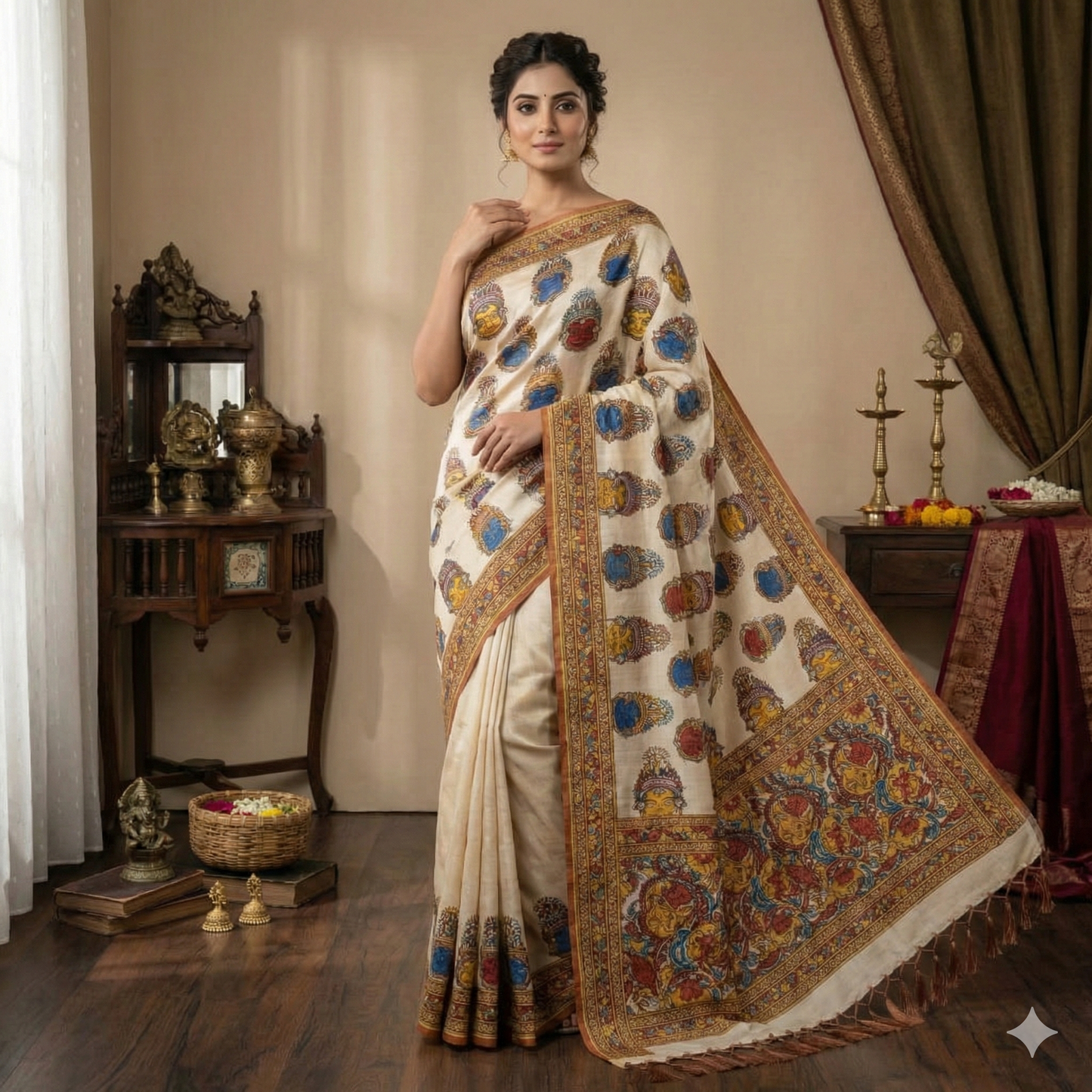 Ivory Digital Print Linen Saree with Traditional Motif & Tassels