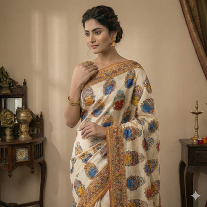 Ivory Digital Print Linen Saree with Traditional Motif & Tassels