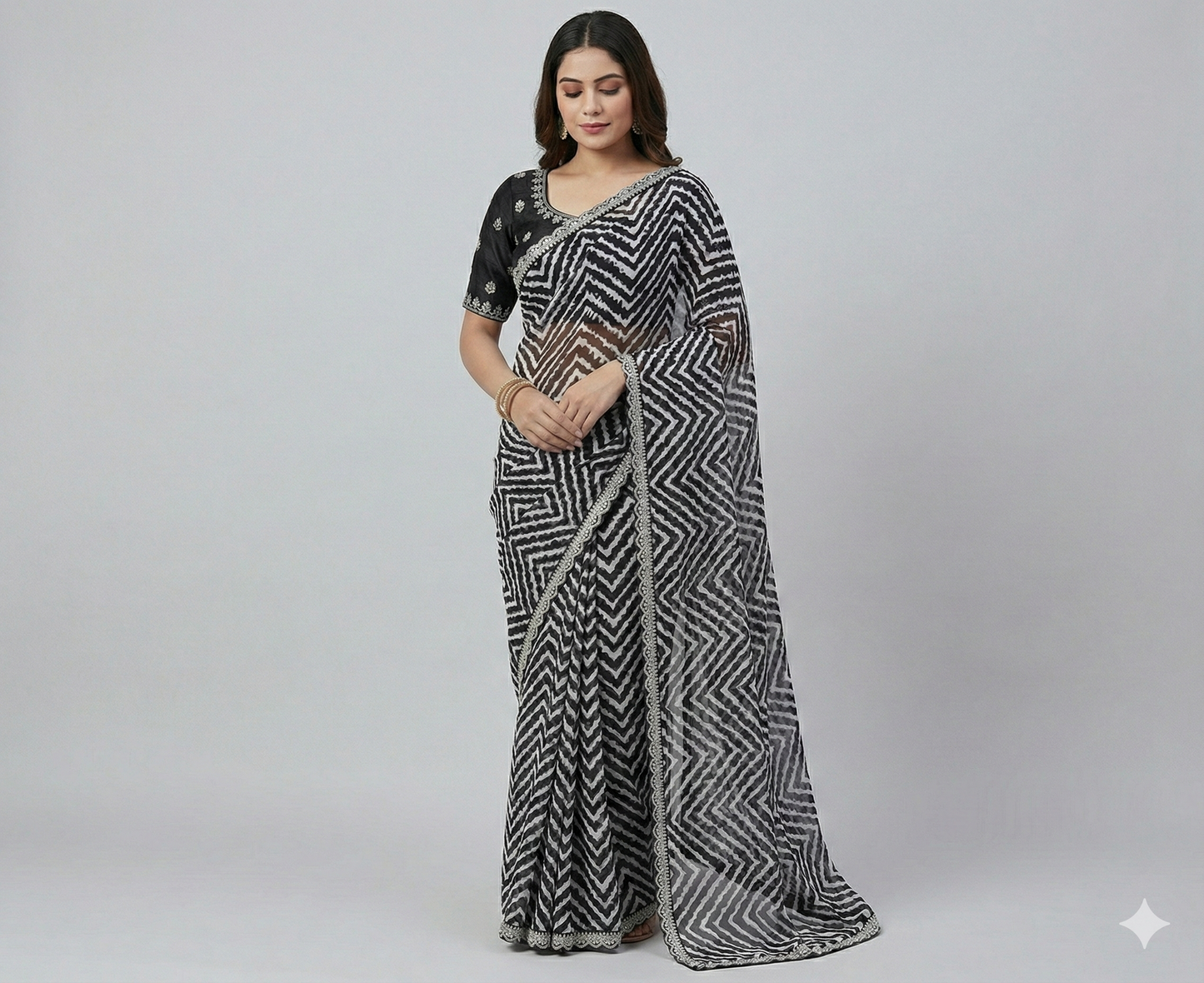 HerLuxe Chevron Print Chiffon Saree with Designer Lace Border