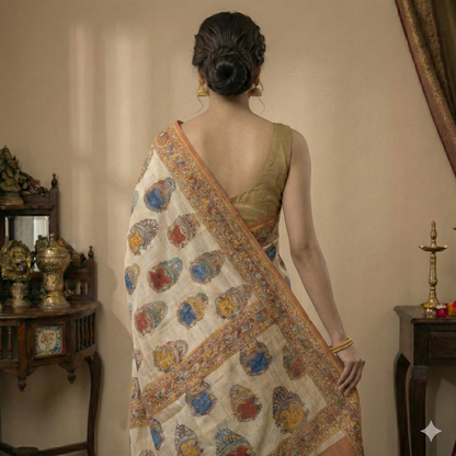 Ivory Digital Print Linen Saree with Traditional Motif & Tassels