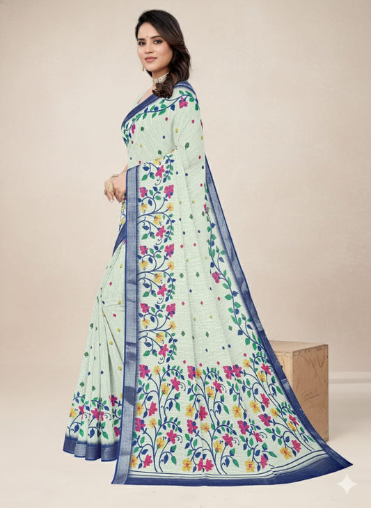 HerLuxe Mint Green Digital Print Linen Saree with Running Blouse