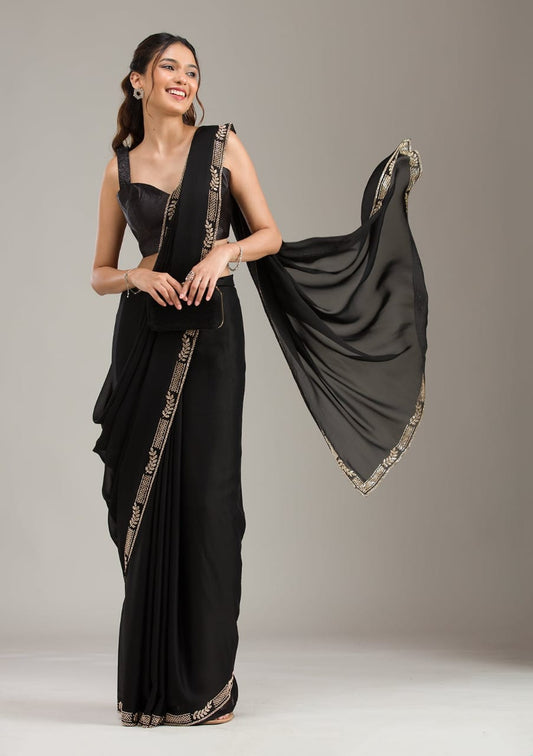 Midnight Grace Georgette Saree with Gold Zarkan Work
