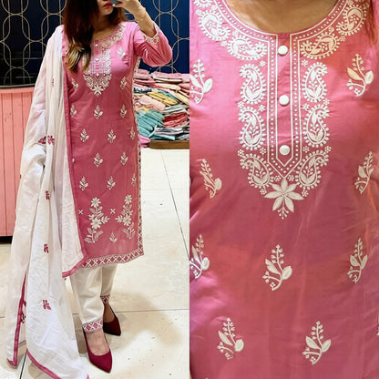 HerLuxe Chikankari Style Embroidered Rayon Kurti Set with Dupatta