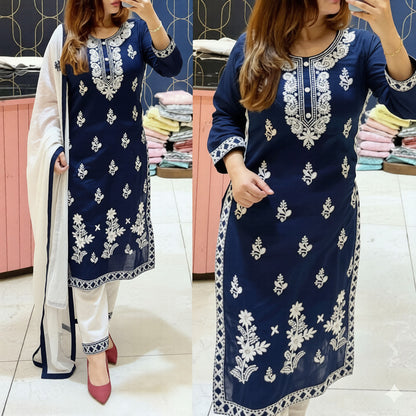 HerLuxe Chikankari Style Embroidered Rayon Kurti Set with Dupatta
