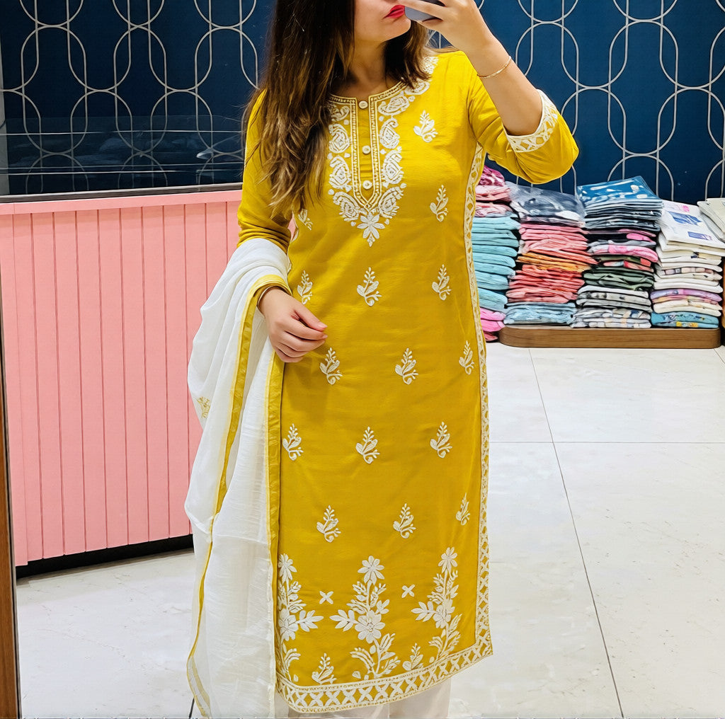 HerLuxe Chikankari Style Embroidered Rayon Kurti Set with Dupatta