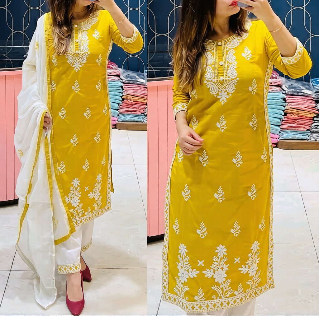 HerLuxe Chikankari Style Embroidered Rayon Kurti Set with Dupatta
