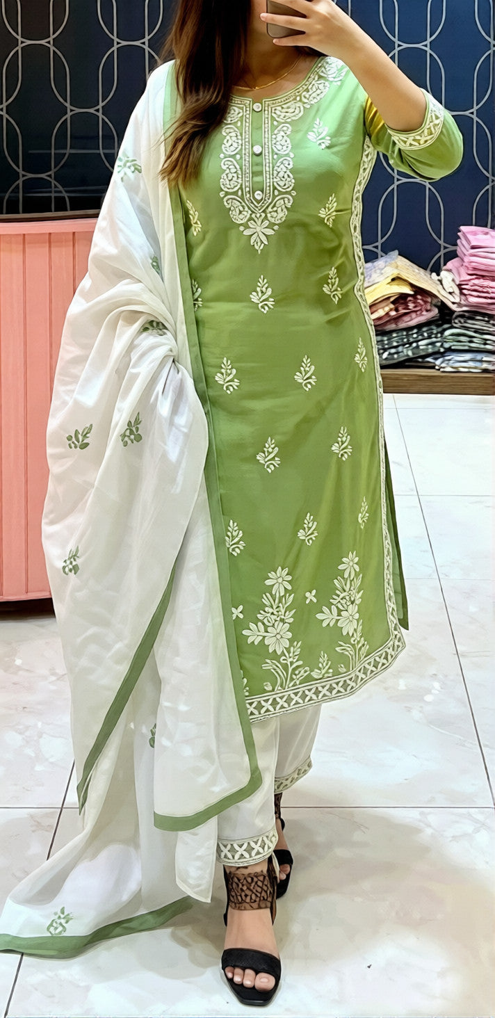 HerLuxe Chikankari Style Embroidered Rayon Kurti Set with Dupatta