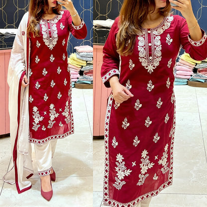 HerLuxe Chikankari Style Embroidered Rayon Kurti Set with Dupatta