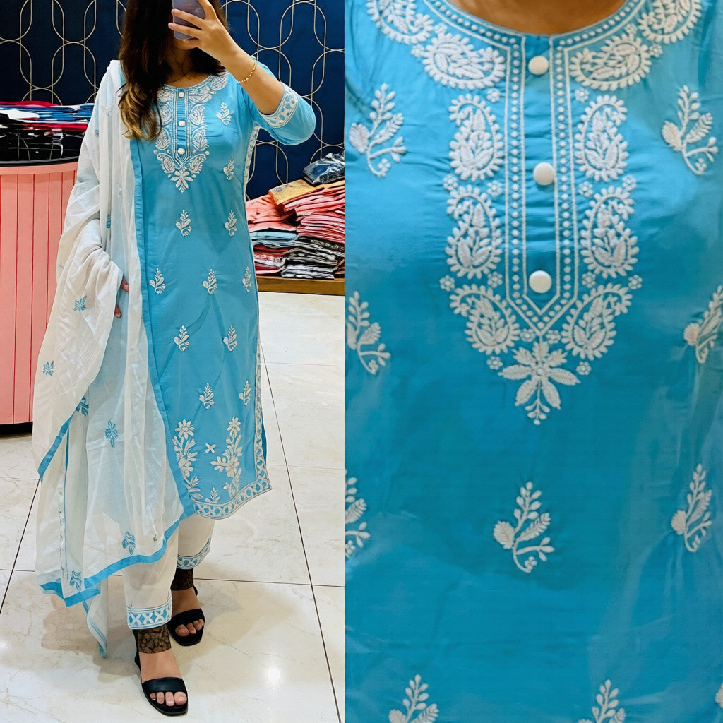 HerLuxe Chikankari Style Embroidered Rayon Kurti Set with Dupatta