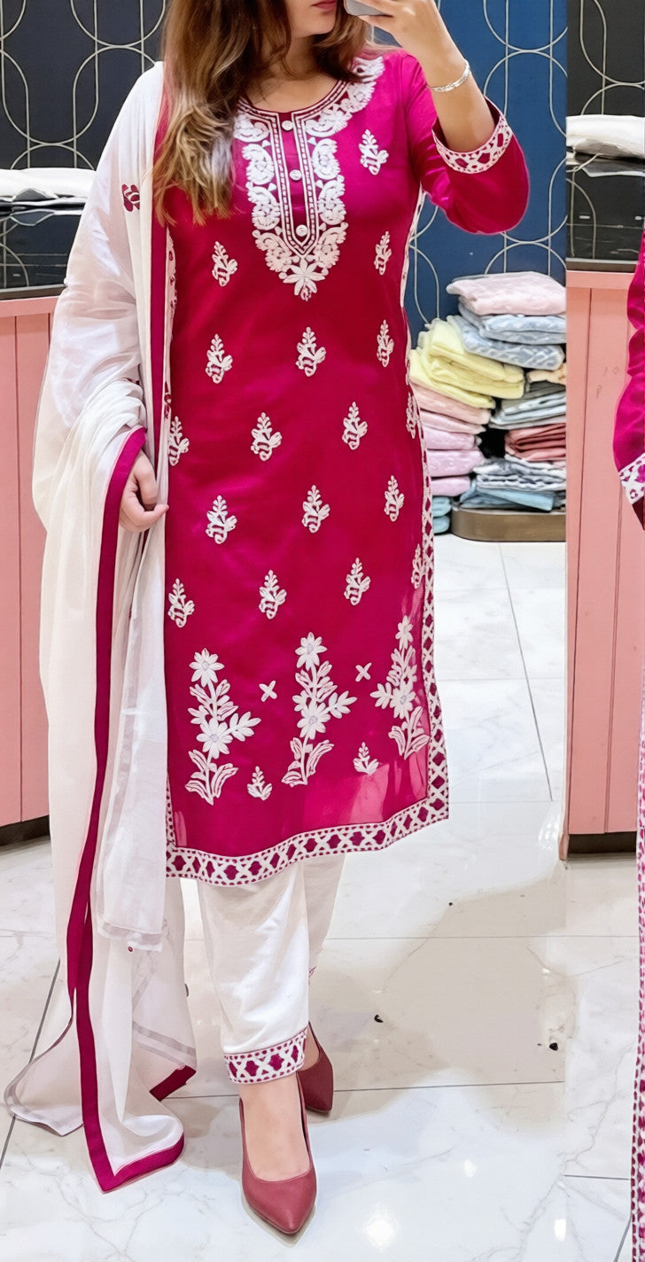 HerLuxe Chikankari Style Embroidered Rayon Kurti Set with Dupatta