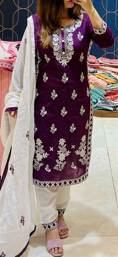 HerLuxe Chikankari Style Embroidered Rayon Kurti Set with Dupatta