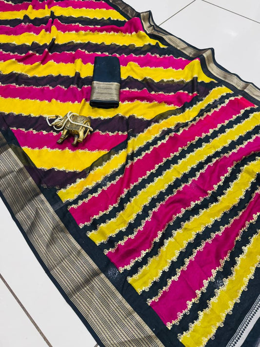 HerLuxe Soft Dola Silk Foil Work Striped Saree with Designer Border