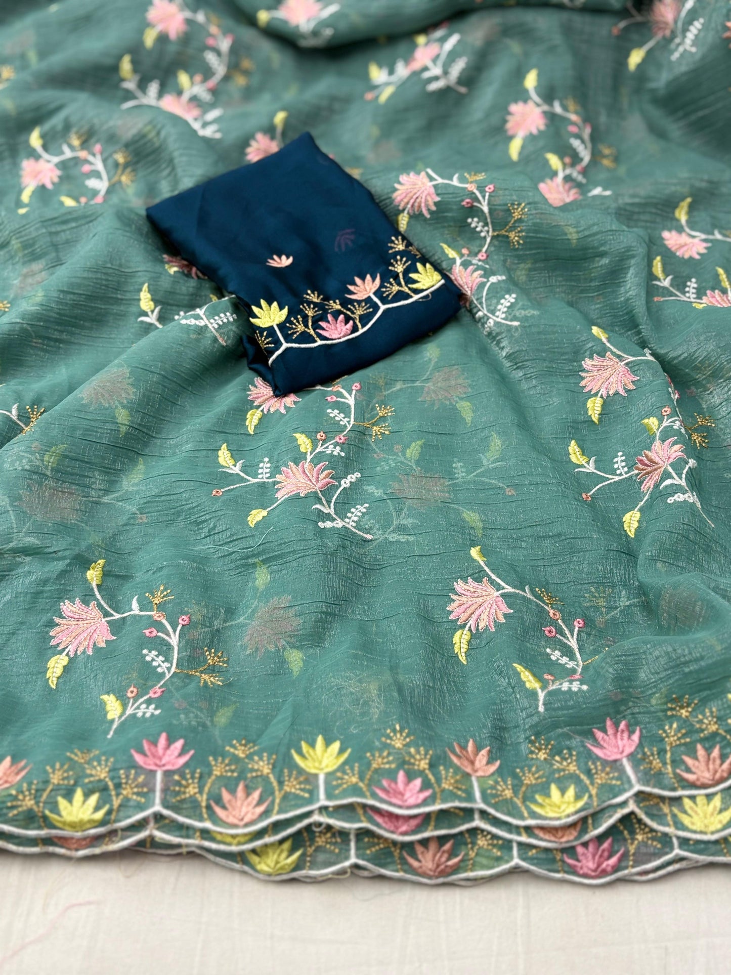 Elegant Floral Embroidered Crunchy Saree with Designer Border