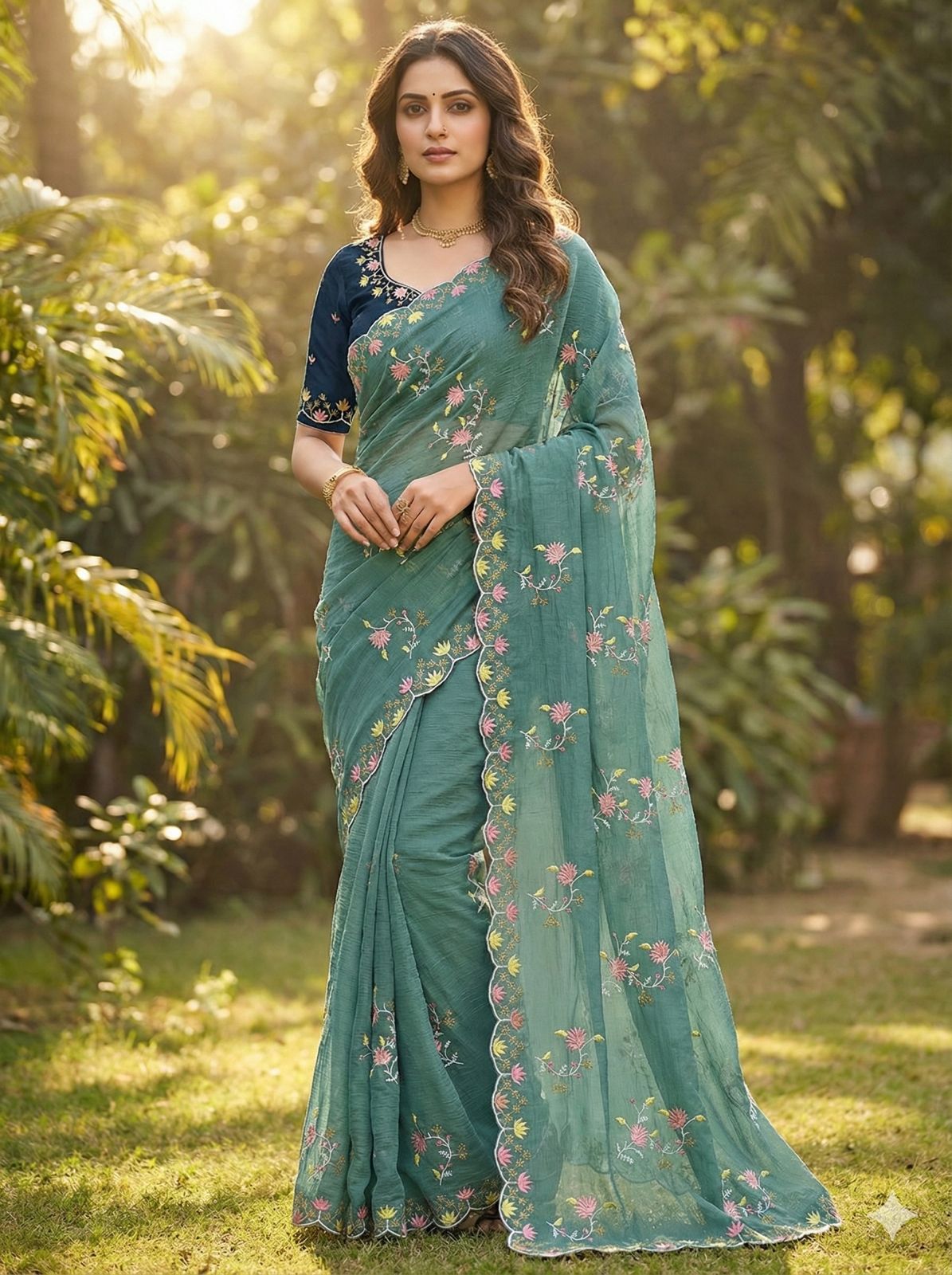 Elegant Floral Embroidered Crunchy Saree with Designer Border