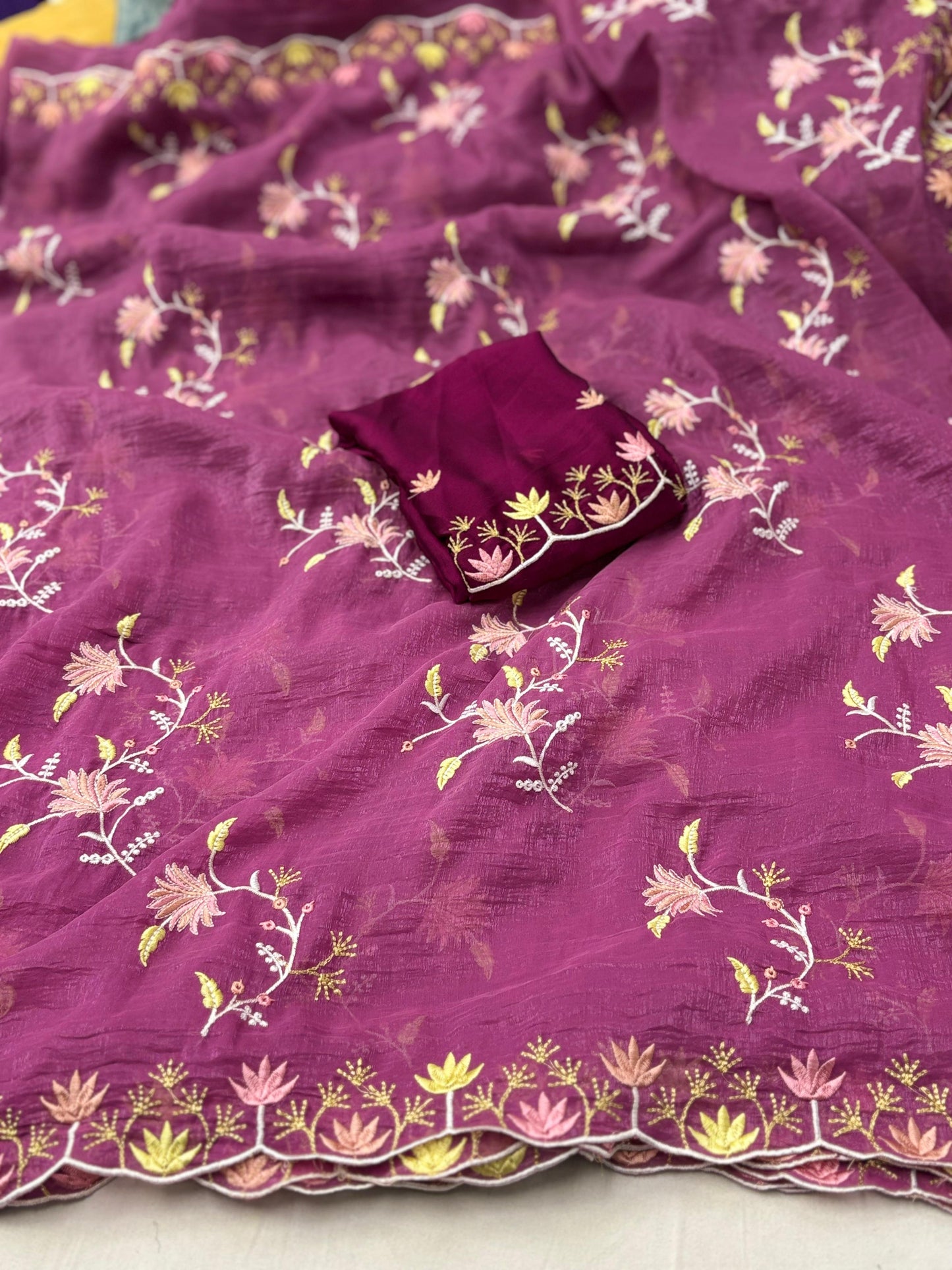 Elegant Floral Embroidered Crunchy Saree with Designer Border