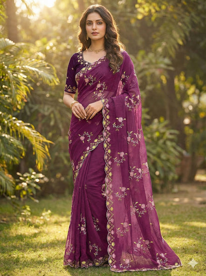 Elegant Floral Embroidered Crunchy Saree with Designer Border