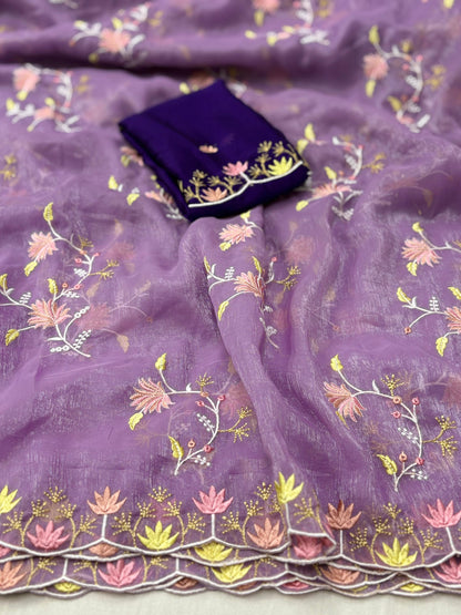 Elegant Floral Embroidered Crunchy Saree with Designer Border
