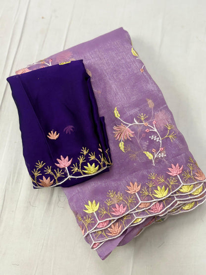 Elegant Floral Embroidered Crunchy Saree with Designer Border