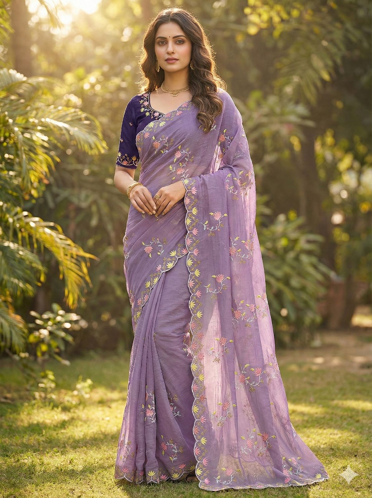 Elegant Floral Embroidered Crunchy Saree with Designer Border