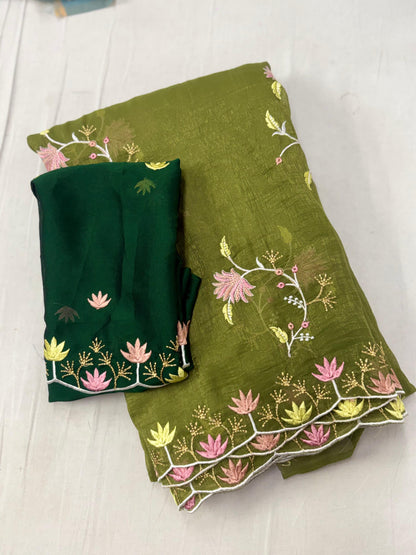 Elegant Floral Embroidered Crunchy Saree with Designer Border