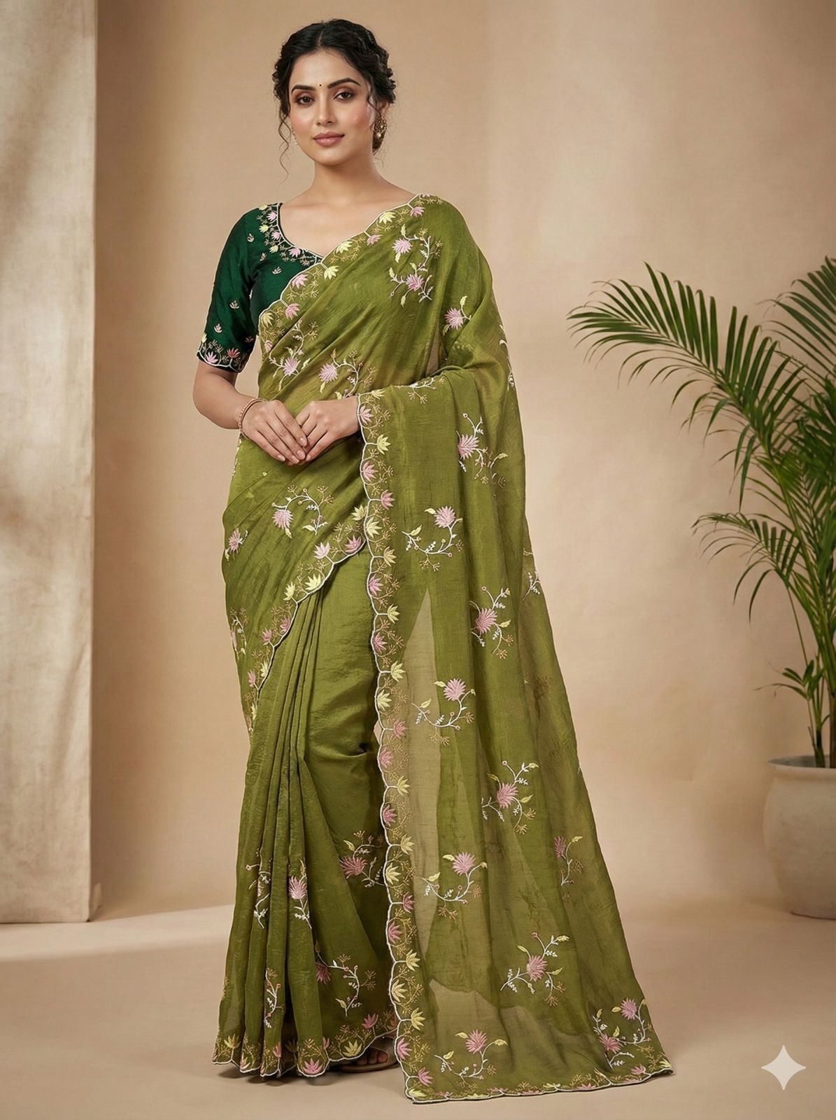Elegant Floral Embroidered Crunchy Saree with Designer Border