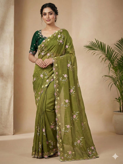 Elegant Floral Embroidered Crunchy Saree with Designer Border