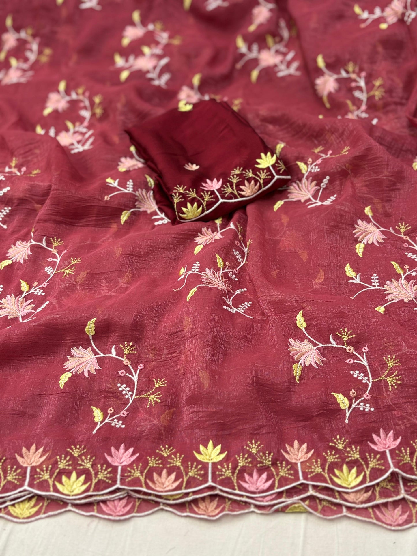 Elegant Floral Embroidered Crunchy Saree with Designer Border