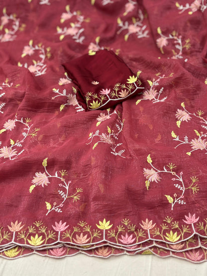 Elegant Floral Embroidered Crunchy Saree with Designer Border