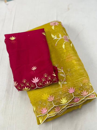 Elegant Floral Embroidered Crunchy Saree with Designer Border