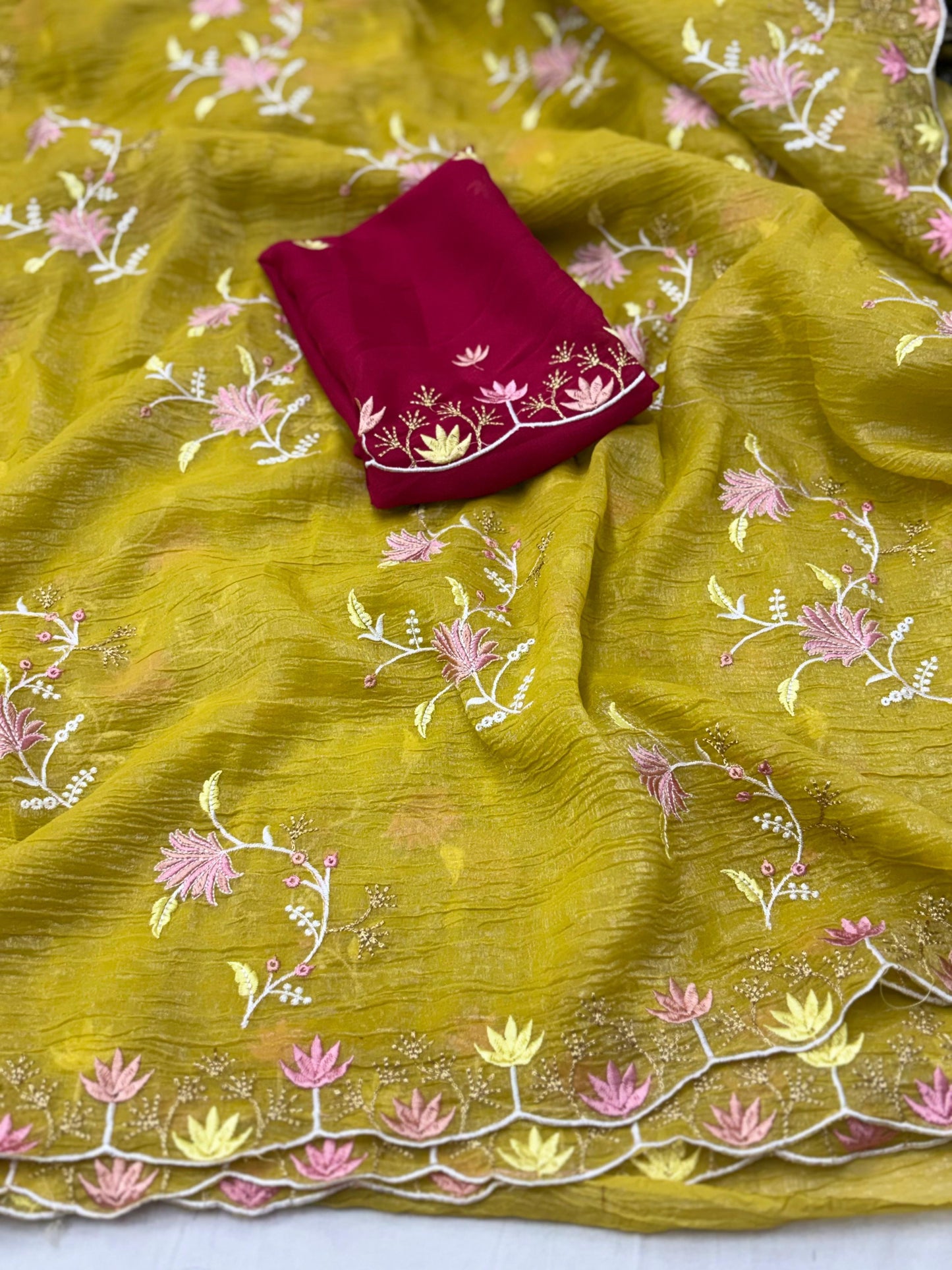 Elegant Floral Embroidered Crunchy Saree with Designer Border