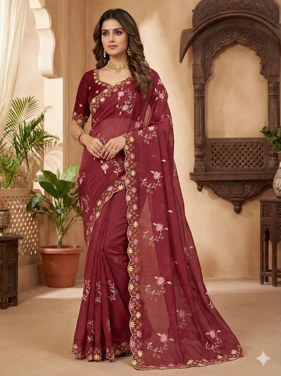 Elegant Floral Embroidered Crunchy Saree with Designer Border