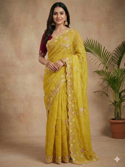 Elegant Floral Embroidered Crunchy Saree with Designer Border