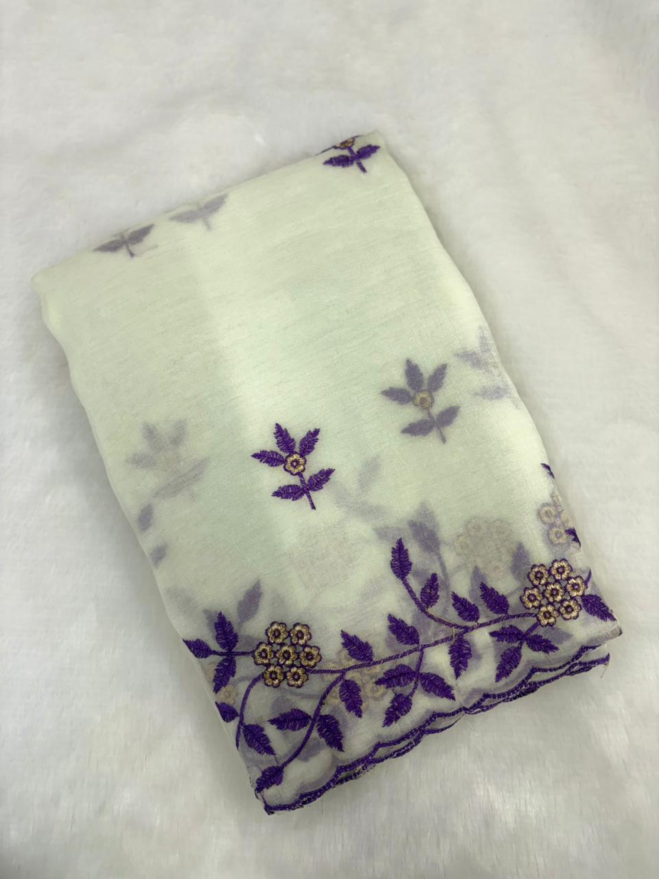 Ivory Soft Crunchy Chiffon Saree with Floral Embroidery & Scalloped Border