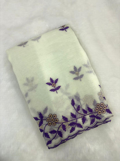 Ivory Soft Crunchy Chiffon Saree with Floral Embroidery & Scalloped Border