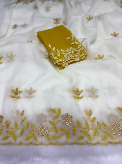 Ivory Soft Crunchy Chiffon Saree with Floral Embroidery & Scalloped Border