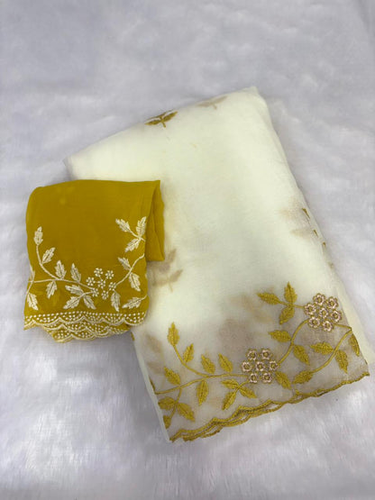 Ivory Soft Crunchy Chiffon Saree with Floral Embroidery & Scalloped Border