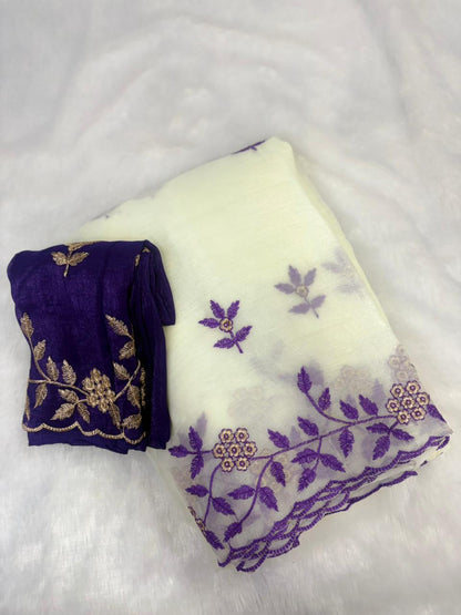 Ivory Soft Crunchy Chiffon Saree with Floral Embroidery & Scalloped Border