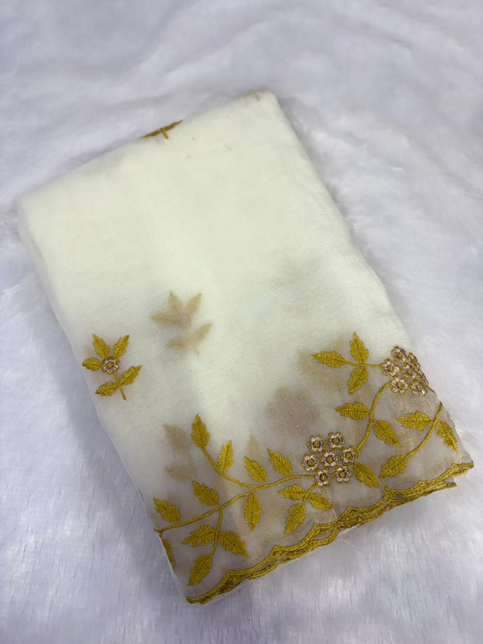 Ivory Soft Crunchy Chiffon Saree with Floral Embroidery & Scalloped Border