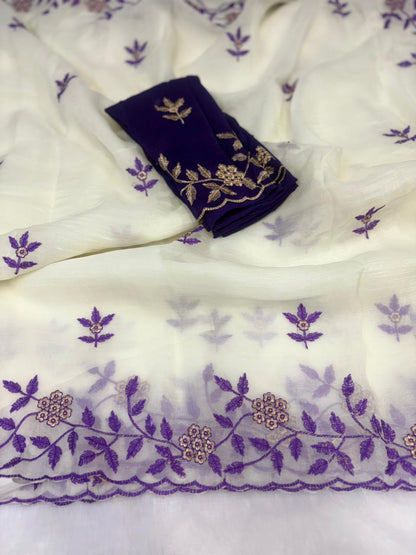 Ivory Soft Crunchy Chiffon Saree with Floral Embroidery & Scalloped Border