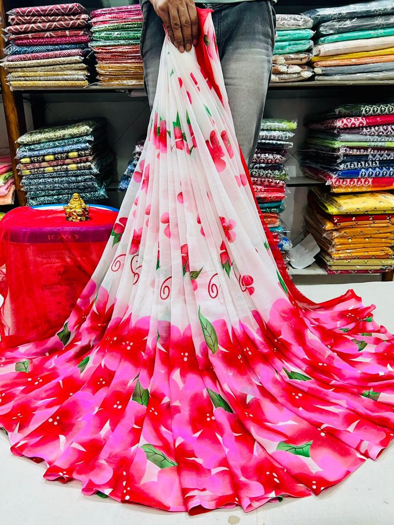 Floral Printed Crunchy Chiffon Saree with Matching Blouse Piece