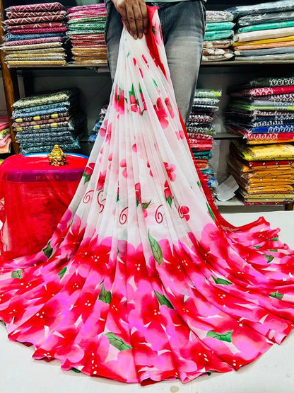 Floral Printed Crunchy Chiffon Saree with Matching Blouse Piece
