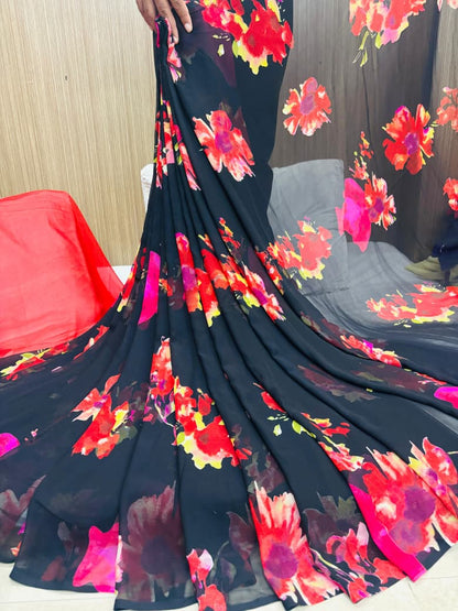 Floral Printed Crunchy Chiffon Saree with Matching Blouse Piece