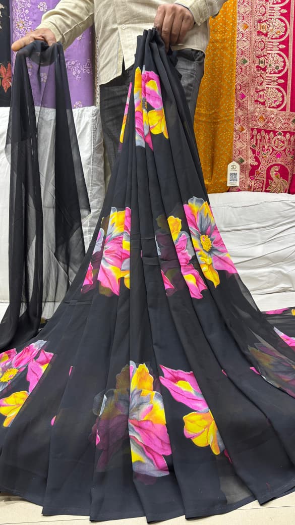 Floral Printed Crunchy Chiffon Saree with Matching Blouse Piece