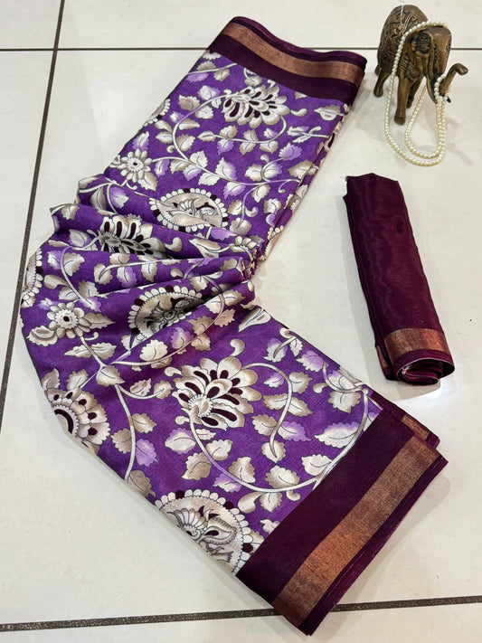 Premium Floral Kalamkari Print Saree with Contrast Blouse