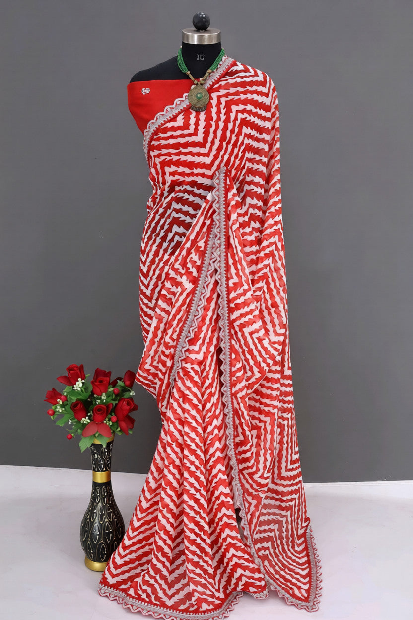 HerLuxe Chevron Print Chiffon Saree with Designer Lace Border