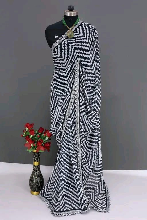 HerLuxe Chevron Print Chiffon Saree with Designer Lace Border